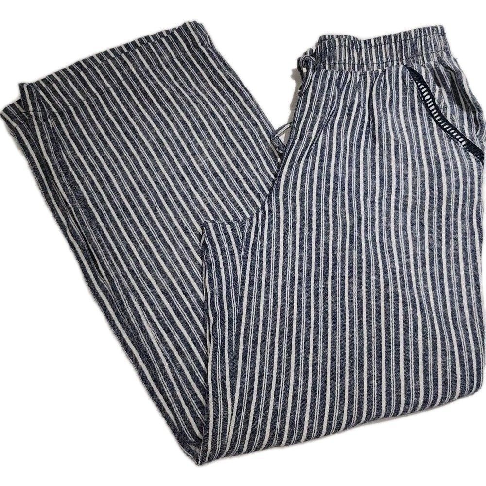 Briggs Women's Striped Pants Linen Blend Elastic Waist Baggy Pull On Wide Leg  M